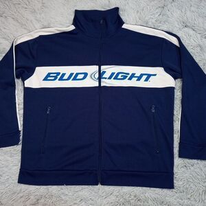 Bud Light‎ Sweatshirt Mens L Blue Logo Spellout Athletic Zip Up Pockets Casual